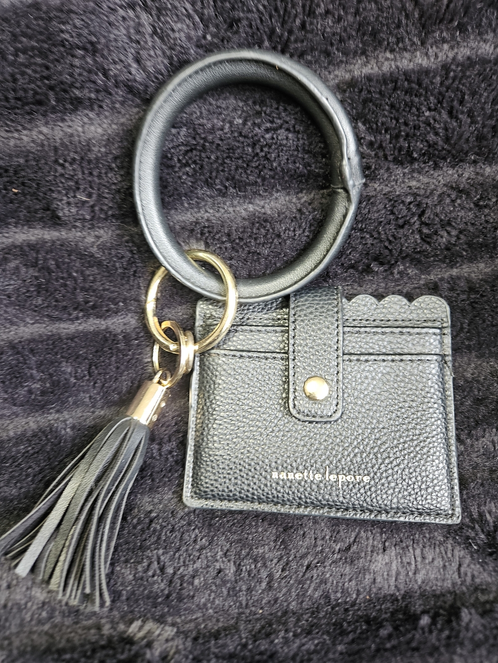 Nanette Lepore Black Leather Wrist Ring Card Holder with Tassel